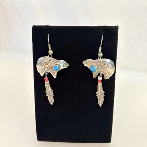 Sterling Silver Bear And Feather Earrings With Red And White Beads